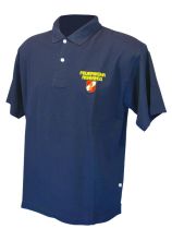 Aktions-POLO blau NÖ, FEUERWEHR und ORTSNAME gelb mit Korbsabzeichen