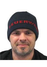 Strickhaube blau mit Strick FEUERWEHR in rot
