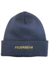 Strickhaube blau mit Stick FEUERWEHR 8,5 x 1cm in gelb